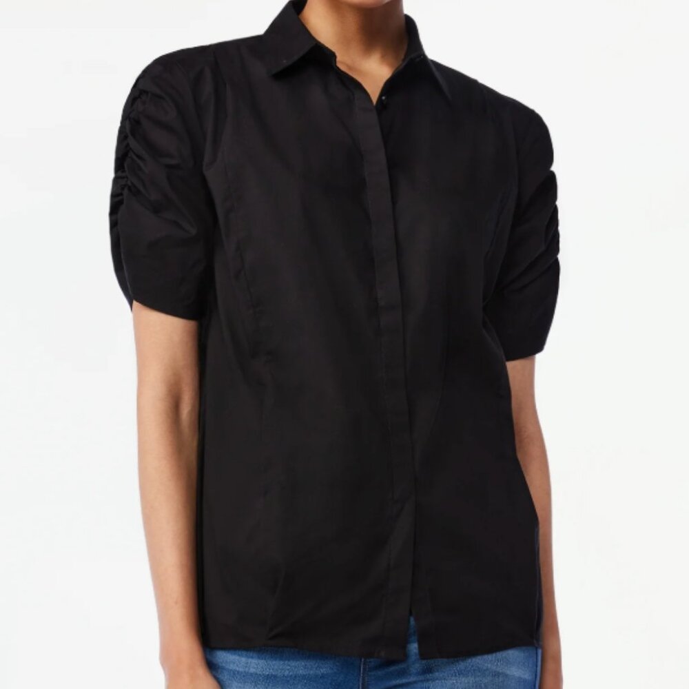 Scoop Black Oversized Button-Up Shirt with Ruched Short Sleeves NWT